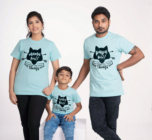 wolf round neck family of 3 Tshirt set for a family of 3 - Aqua Blue, 100% cotton, regular fit(Kids to be added separately)