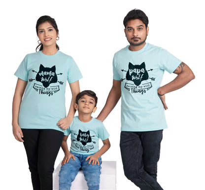 wolf round neck family of 3 Tshirt set for a family of 3 - Aqua Blue, 100% cotton, regular fit(Kids to be added separately)