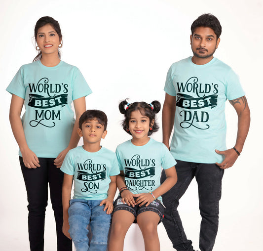 world's best round neck family of 4 Tshirt set for a family of 4 - Aqua Blue, pure cotton(Kids to be added separately)