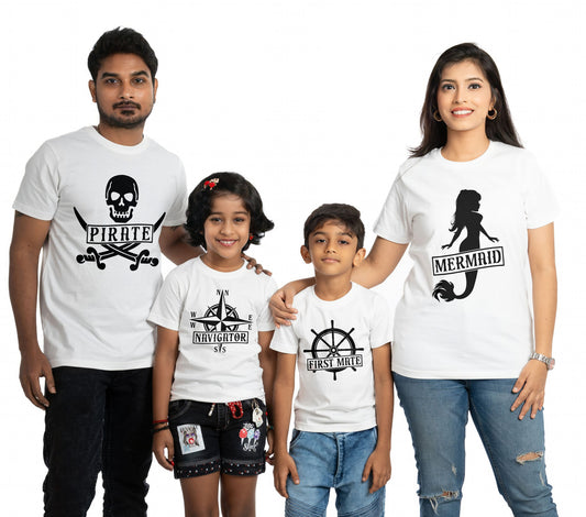 pirate round neck family of 4 Tshirt set for a family of 4 - White, pure cotton(Kids to be added separately)