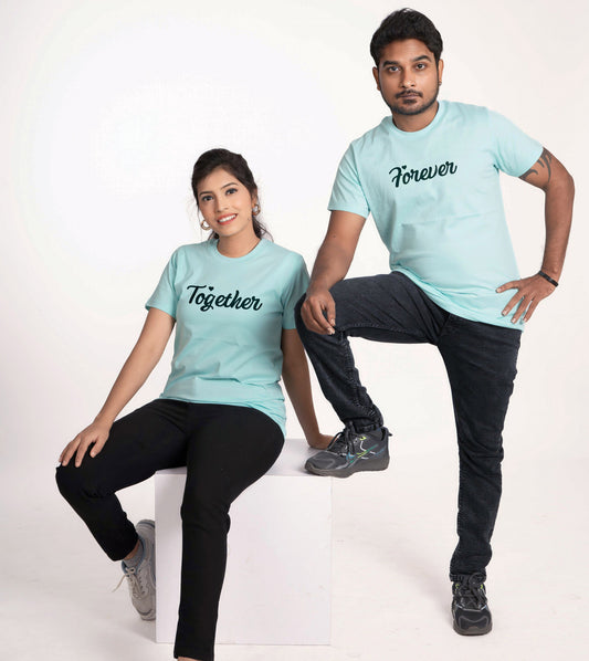 together round neck unisex couple T-shirt - Aqua Blue, 100% pure cotton, regular fit