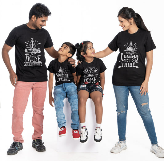 tribe round neck family of 4 Tshirt set for a family of 4 - Black, pure cotton(Kids to be added separately)