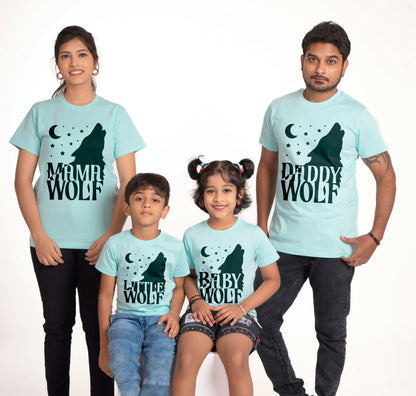 wolf round neck family of 4 Tshirt set for a family of 4 - Aqua Blue, pure cotton(Kids to be added separately)