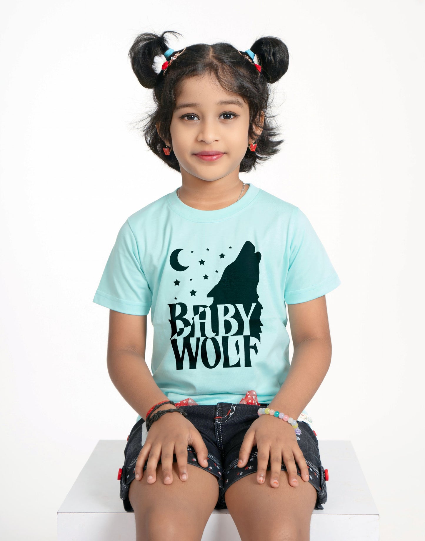 wolf round neck family of 4 Tshirt set for a family of 4 - Aqua Blue, pure cotton(Kids to be added separately)